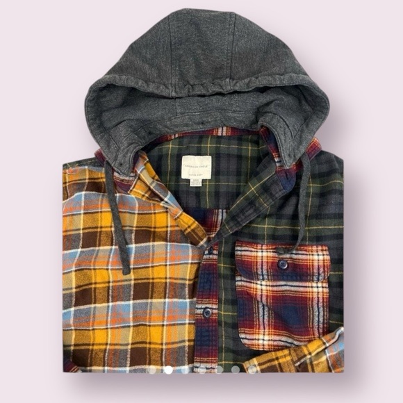 American Eagle Outfitters Men's Hooded Flannel Mismatch Pattern Shirt - Picture 7 of 14